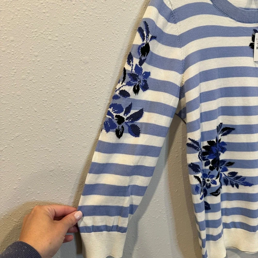 Talbots‎ Sweater Women S Blue Striped Floral 3/4 Sleeve Cotton Blend Preppy NWT